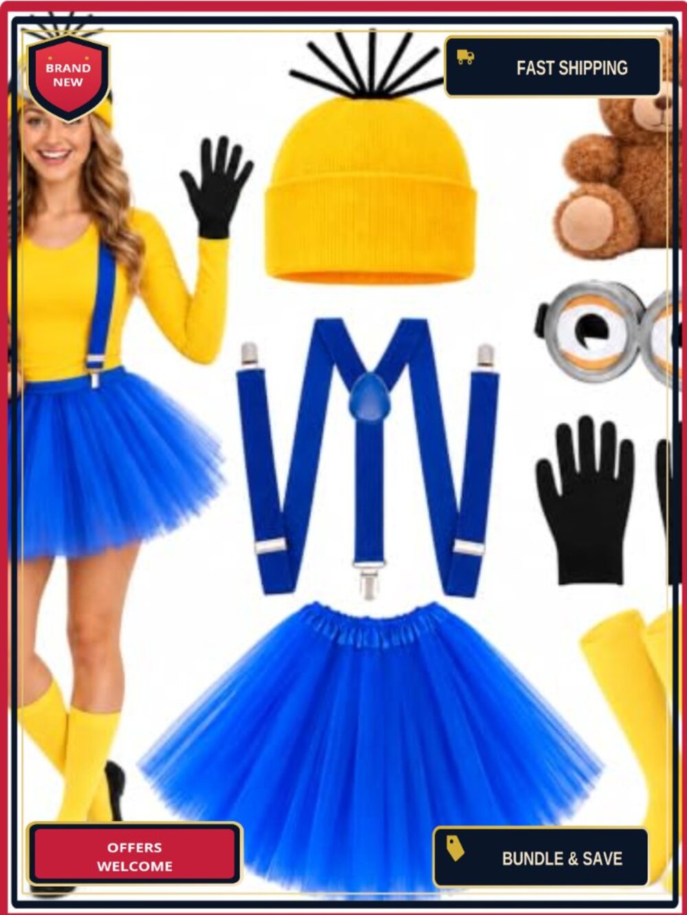 LUYI 7Pc Halloween Costume Accessory Set Goggles Beanie Tutu Suspenders Adult
